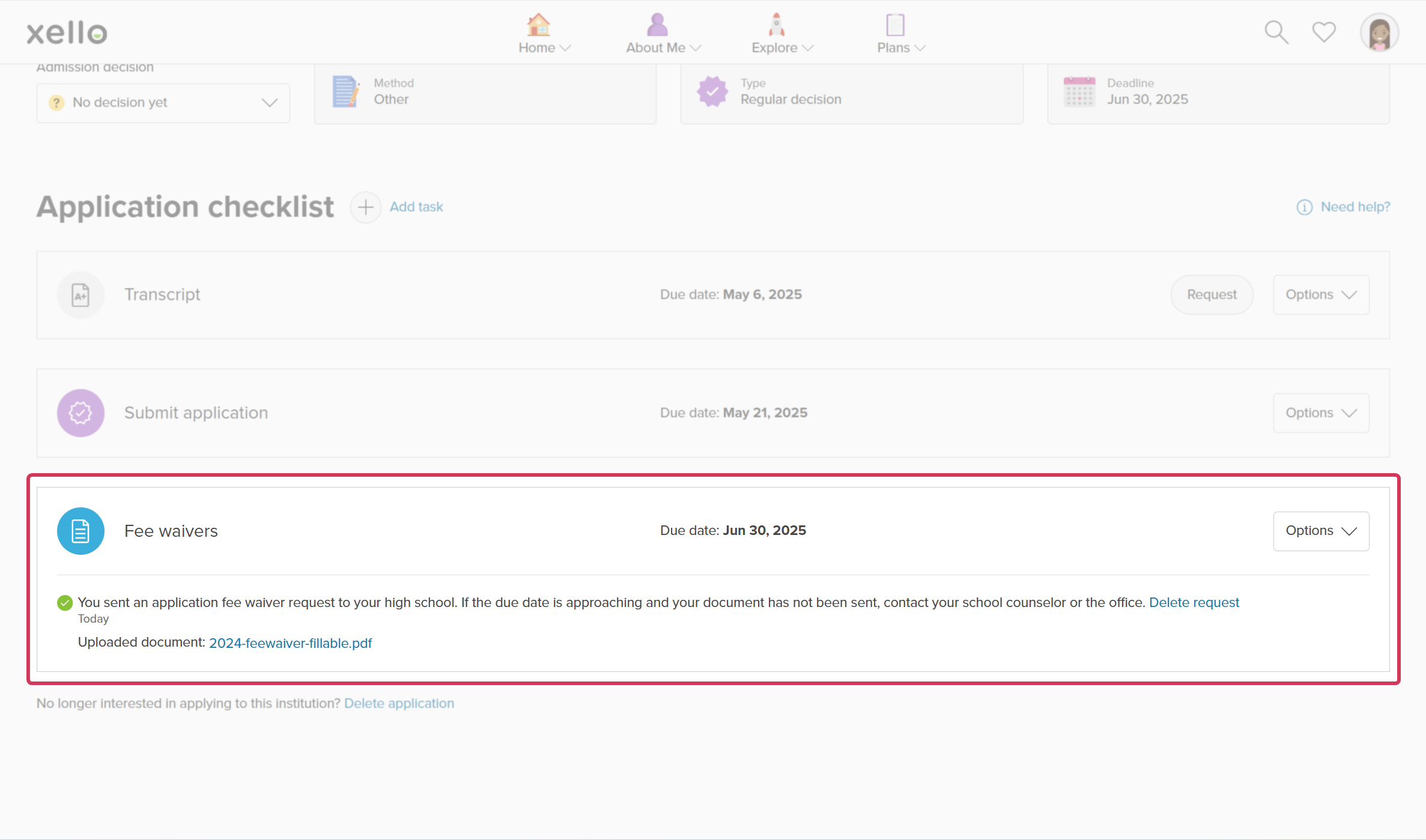 Application tracker open to the application checklist. The checklist items are Transcript, Submit application, and Fee waivers. Fee waivers is highlighted with box around it. The fee waiver form status indicates that it was sent to the high school today.